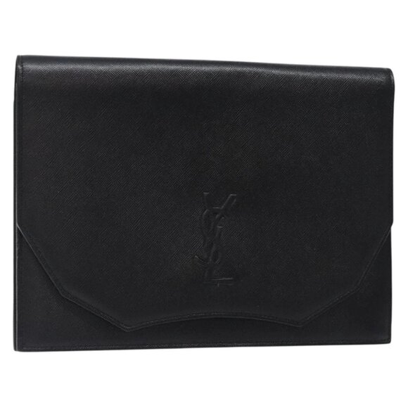 SAINT LAURENT Clutch Bag Leather Black Gold Auth yk18741 - Picture 1 of 16